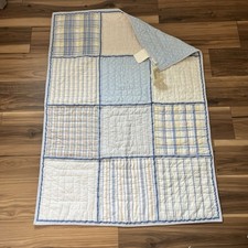 Vintage Pottery Barn Kids Blue White Patchwork Plaid Stars Baby Crib Quilt NWT
