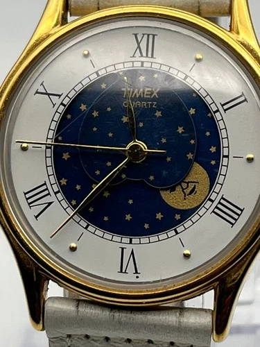 Vintage Timex M CELL Blue Star Moon Phase Leather Quartz New Battery