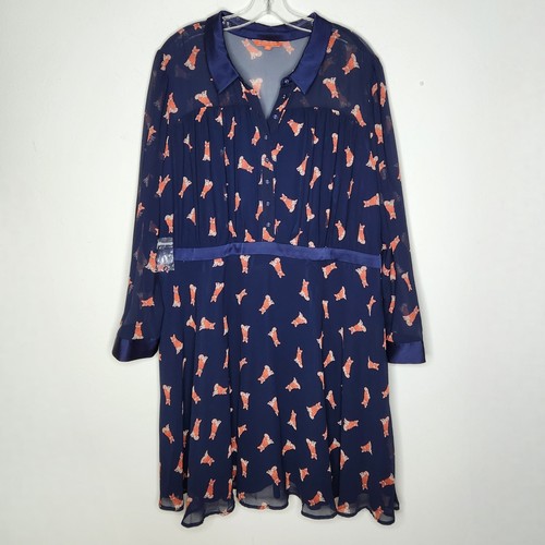 ModCloth Shirt Dress Womens Plus 3X Fox Foxes Navy Sheer Sleeve Chiffon NWOT