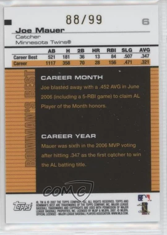 2007 Bowman's Best Blue /99 Joe Mauer #6 HOF - Image 2 of 2