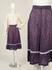 Vintage 70s Purple Calico Prairie Gauze Cotton Midi Skirt Size 29 Waist