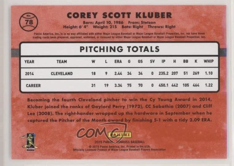 2015 Panini Donruss Press Proof Gold /99 Corey Kluber #78 - Image 2 of 2