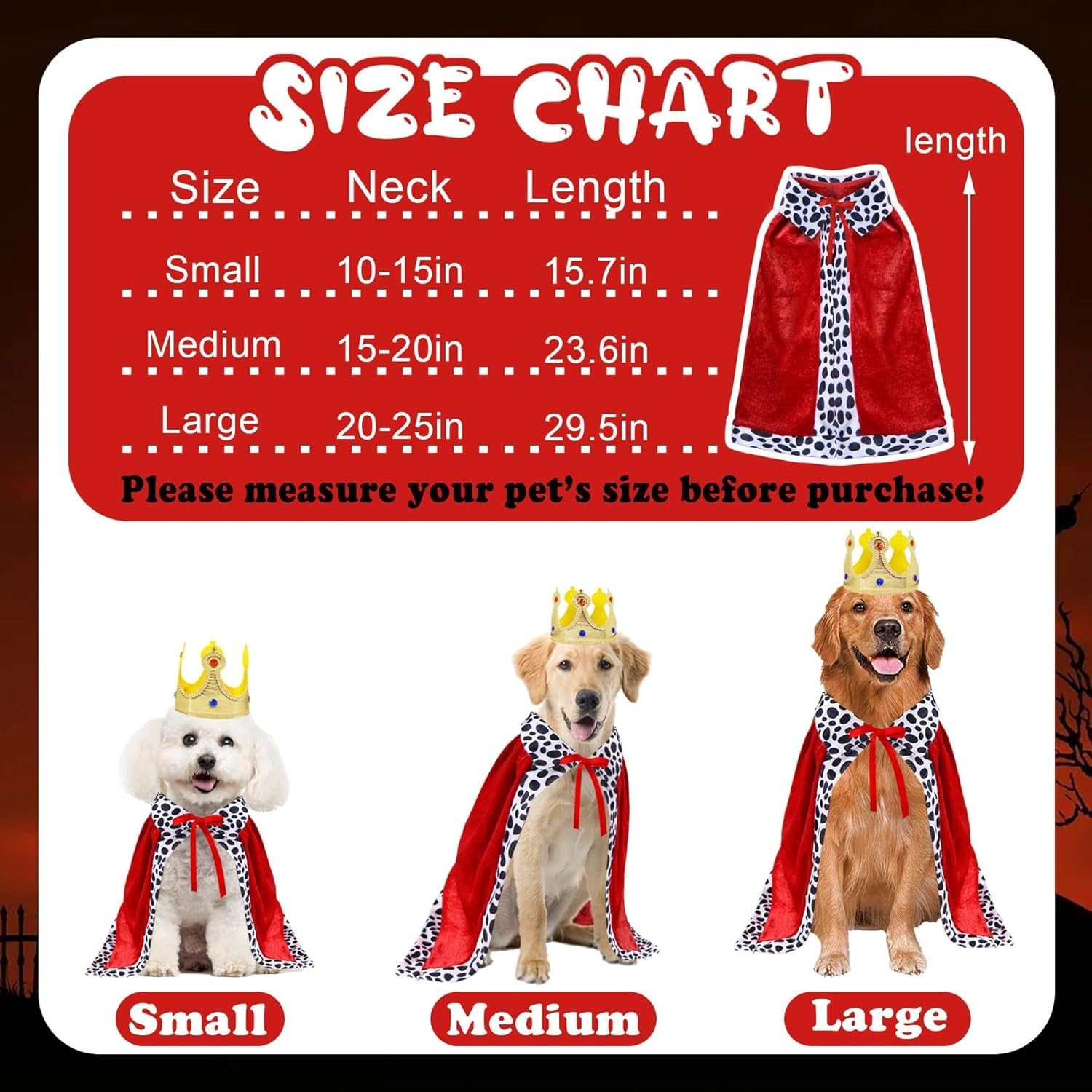 Dog King Costume Set with Cloak and Crown for Small to Large Dogs