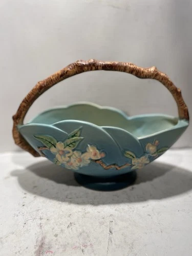 Vtg Roseville Pottery 310-10 Blue Apple Blossom Center Piece 1949 Art Nouvea S