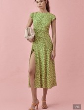 Reformation Green/White Floral Sheath Midi Dress Round Neck Cap Sleeve Zip 0