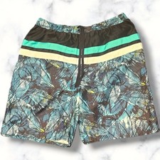 Burnside L Men's Swim Shorts Green Tropical Graphic Stretch Trunks New