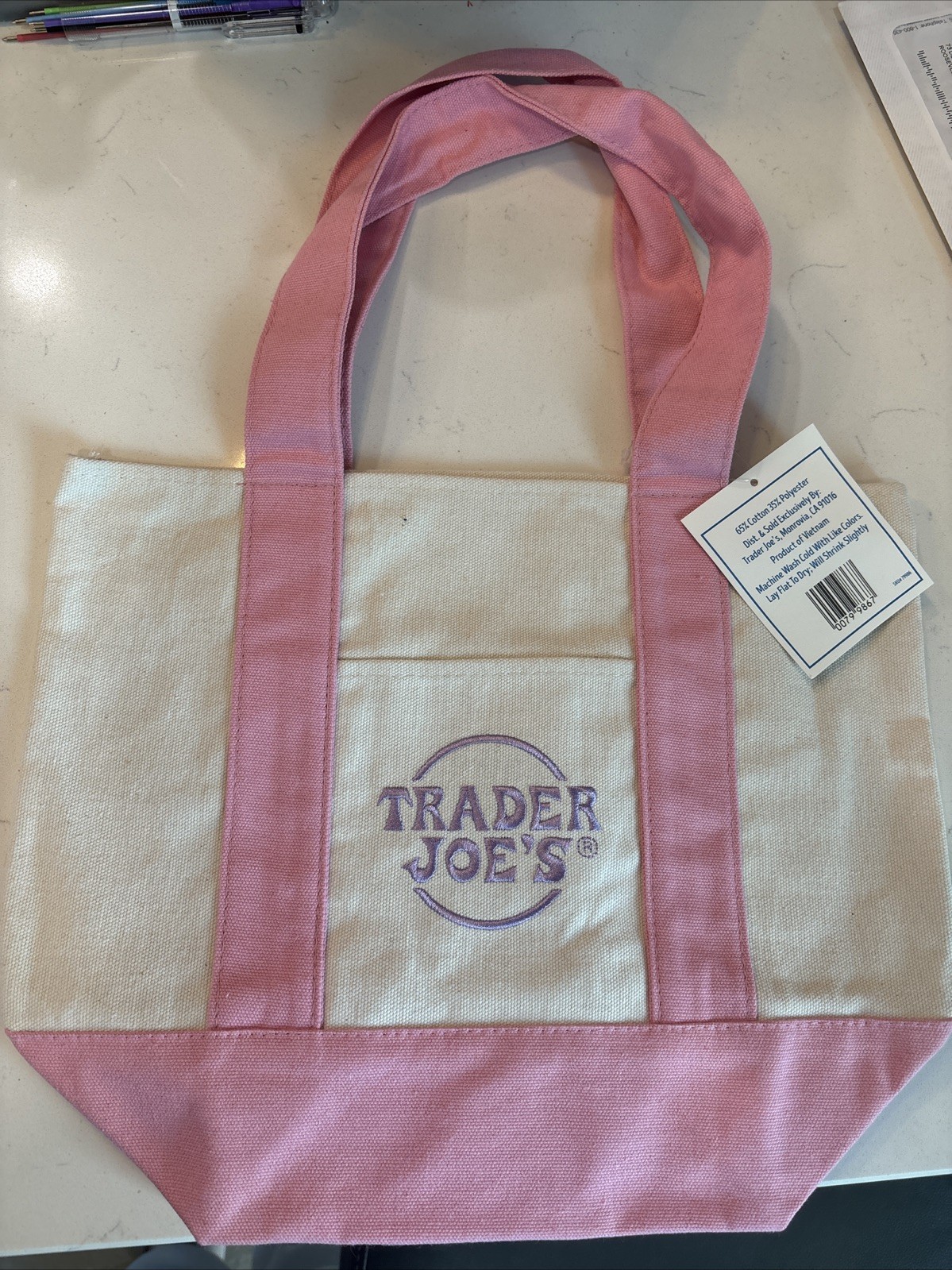 Trader Joes Mini Pastel Pink Canvas Tote Bag Limited Edition Brand New With Tag