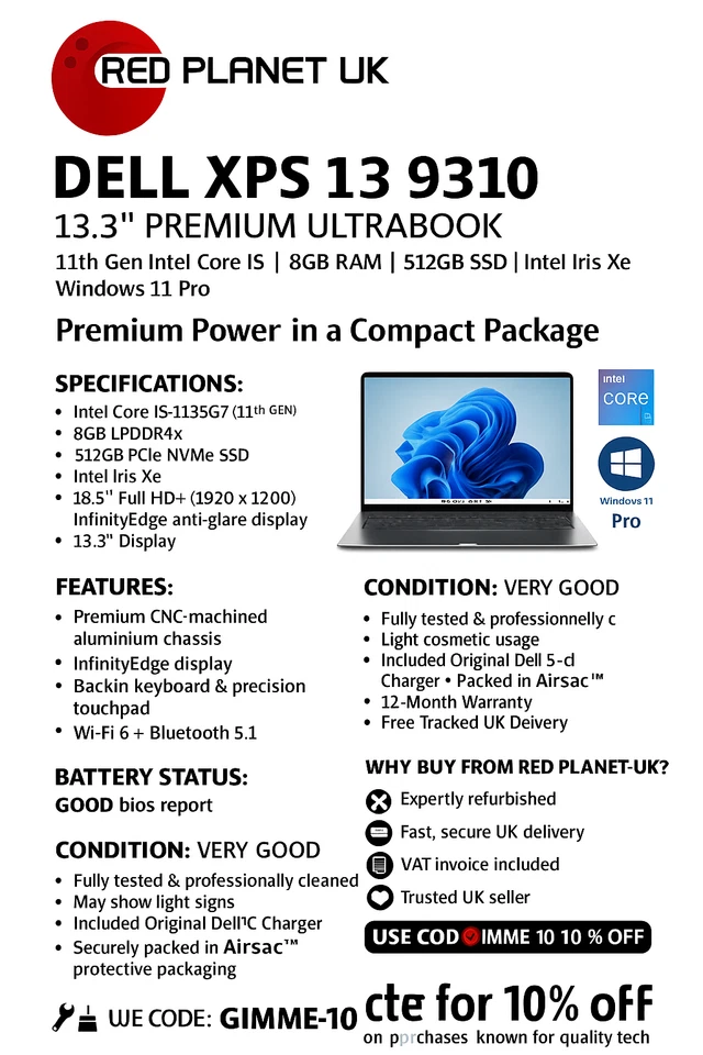 Dell XPS 9310 13.3" FHD+ Intel Core i5-1135G7 11th Gen 8GB RAM 512GB SSD Win 11 - Image 3 of 4