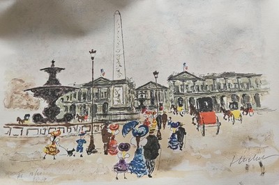 Urbain Huchet Place de la Concorde Signed Lithograph 29x21 - RARE!!