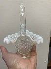 Vintage Glass Hobnail Basket w Handle / Clear to Hombre Milk Glass Ruffled Trink