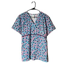 SB Scrubs Scrub Top Women  s Size Large Blue Cotton Polka Dots Pockets Tie Back