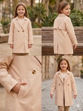 Girls' Beige Basic Coat Cotton Blend Mid-Length Button Closure with Pockets