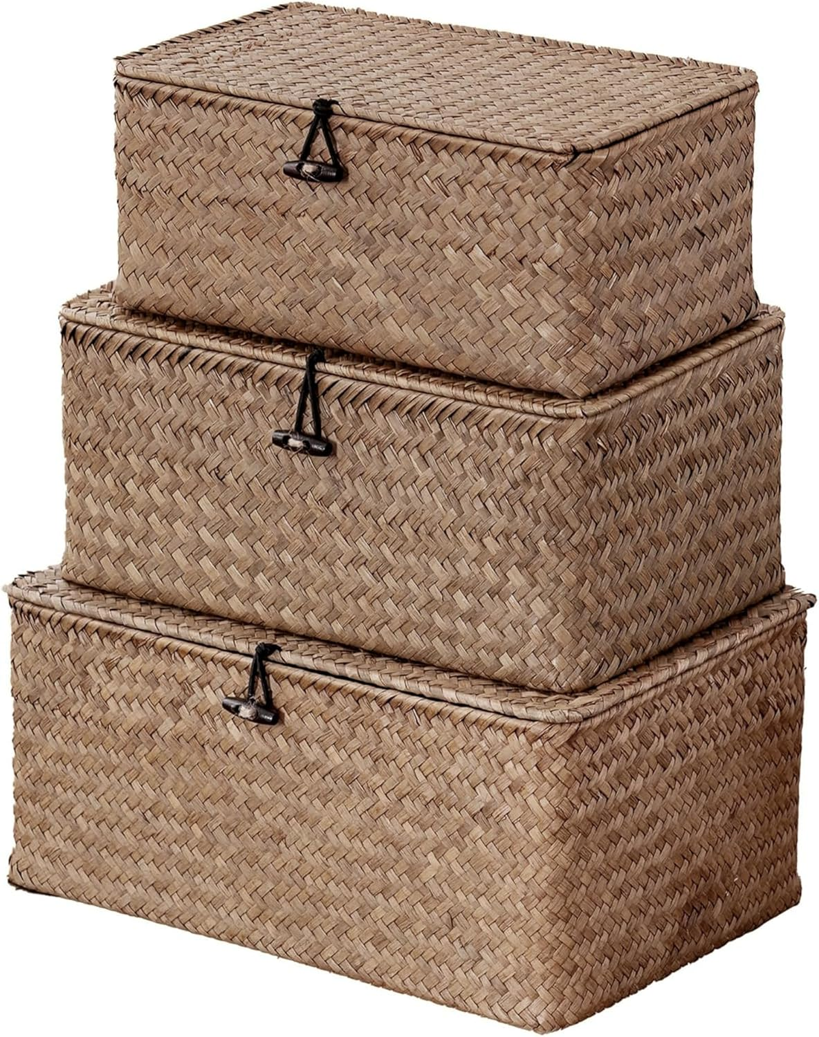 Seagrass Storage Baskets with Lid Set of 3,Wicker Basket Storage Bin for Shelves