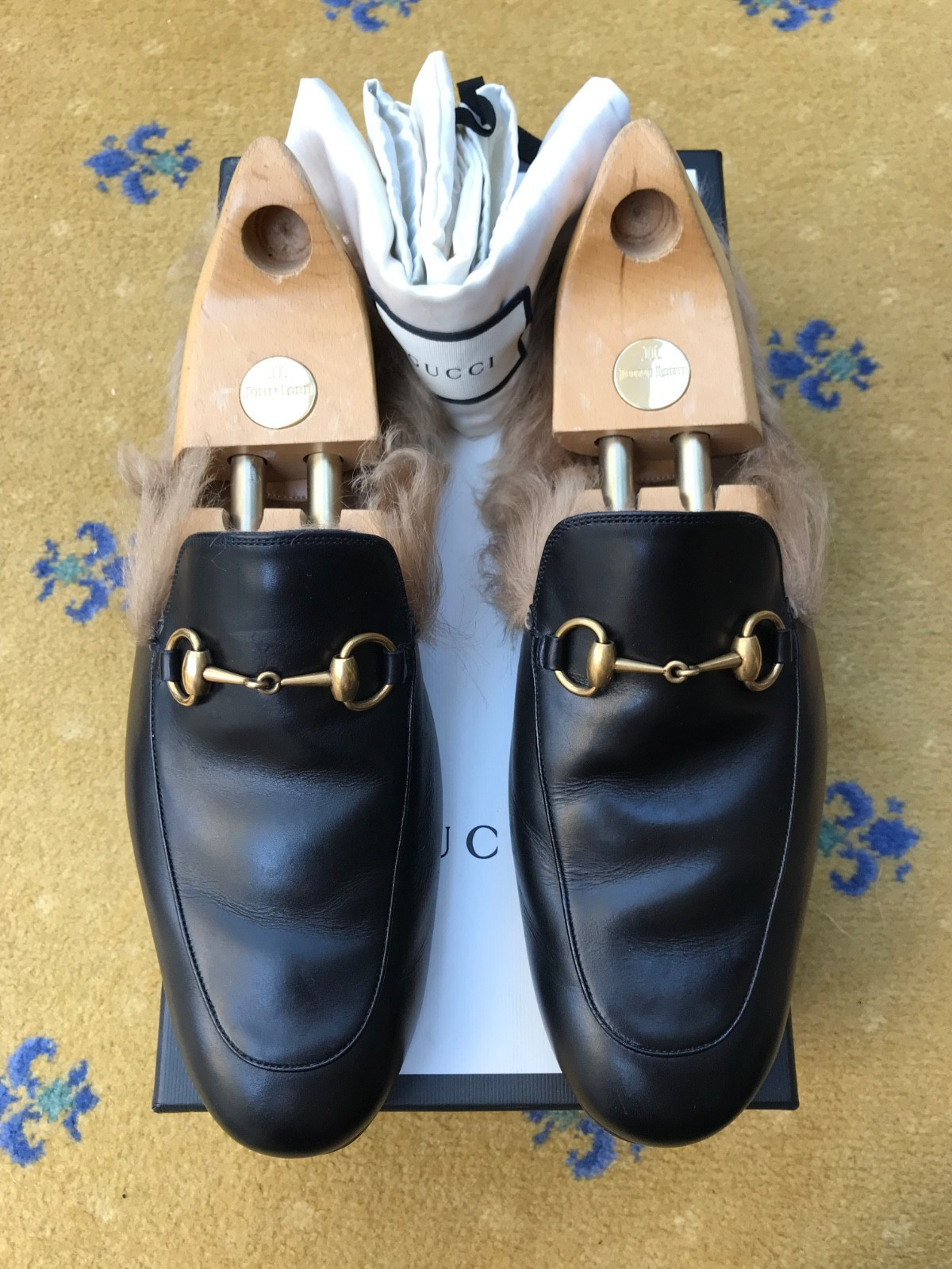 Gucci Princetown Slipper Loafers Shoes Horsebit Black Fur Mens UK 10 US 11 EU 44