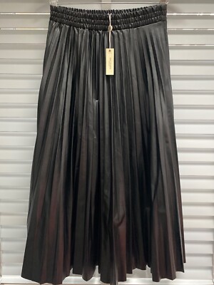 Max Studio schwarzer Faltenrock Größe Small Kunstleder Midi Stretch Taille COUPER