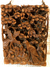 VINTAGE HAND CARVED 3 - D ART 2 BIRDS IN TROPICAL JUNGLE BEAUTIFUL PIECE 10 "