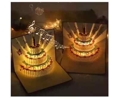 Geburtstagskarte, 3D Pop Up Tortenkarte, verbesserte Version, singend und leuchtend, Handma