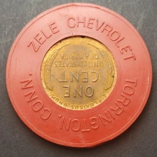 1948 Encased Wheat Cent Lucky Penny Zele Chevrolet, Torrington, Conn.