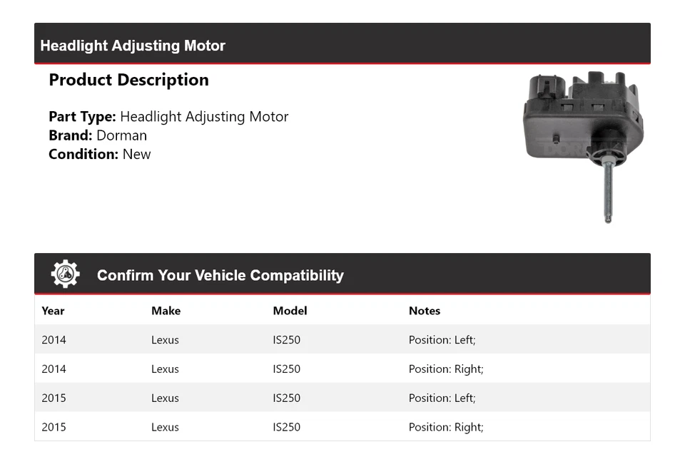 Motor de ajuste de faros para Lexus IS250 2014-2015 Dorman Foto 2 de 4