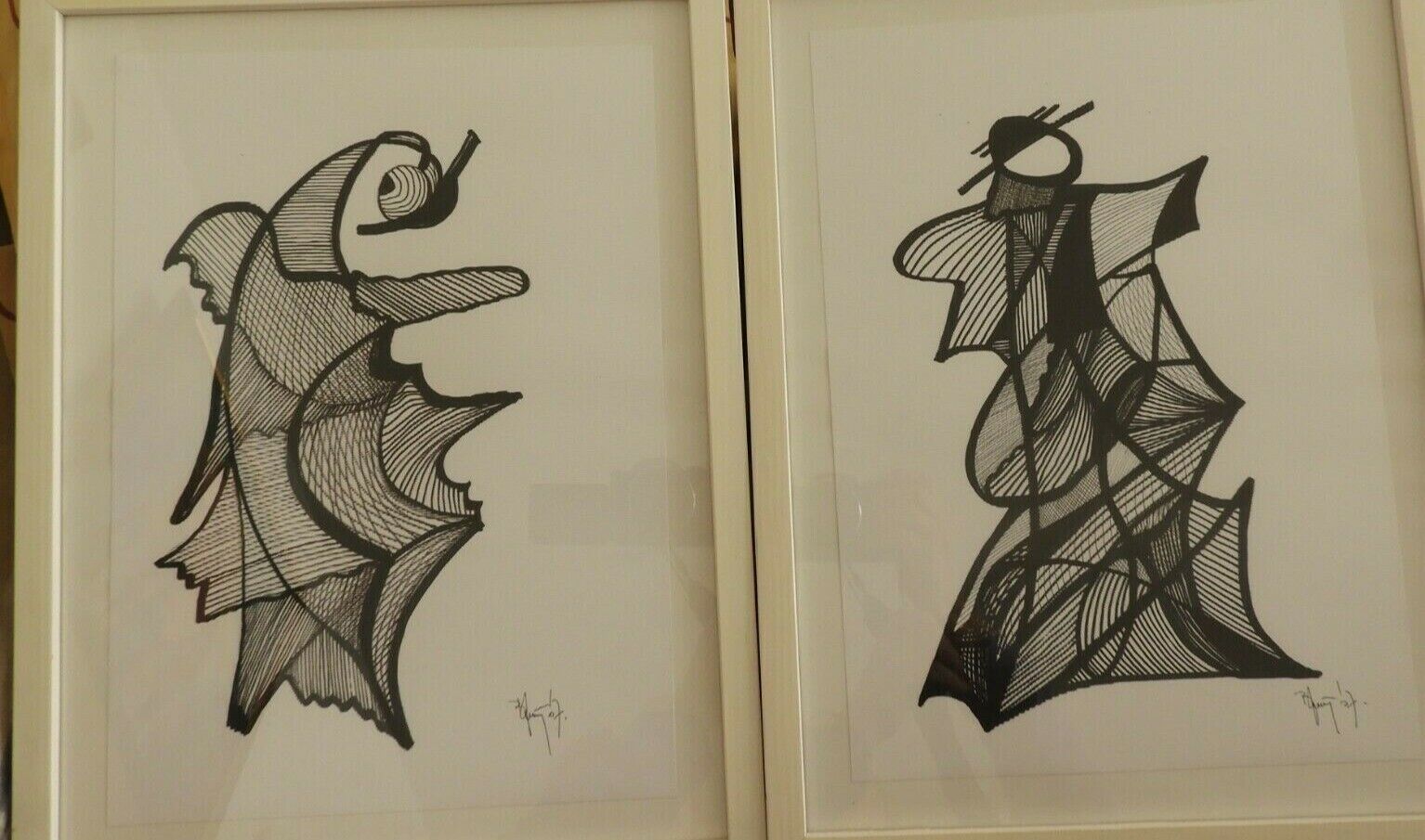 2 Zeichnungen Tusche, Originale gerahmt 2004 handsigniert Kroatische Kunst