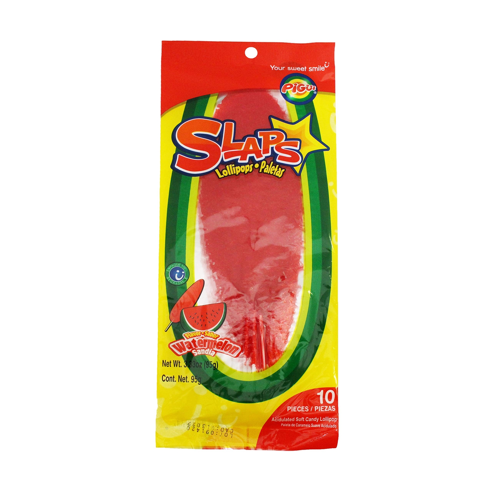 Dulces Pigui Slaps Sabor Sandía Paletas Caramelo Mexicano (10 Piruletas)