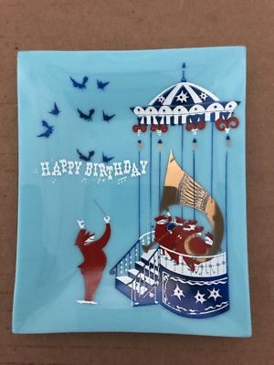 Vintage HOUZE GLASS Happy Birthday Blue Milk Opaque Trinket Dish Ashtray BAND