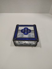 Etched Sides, Bottom Beveled Stained Glass Top W/Blue Design Trinket Box
