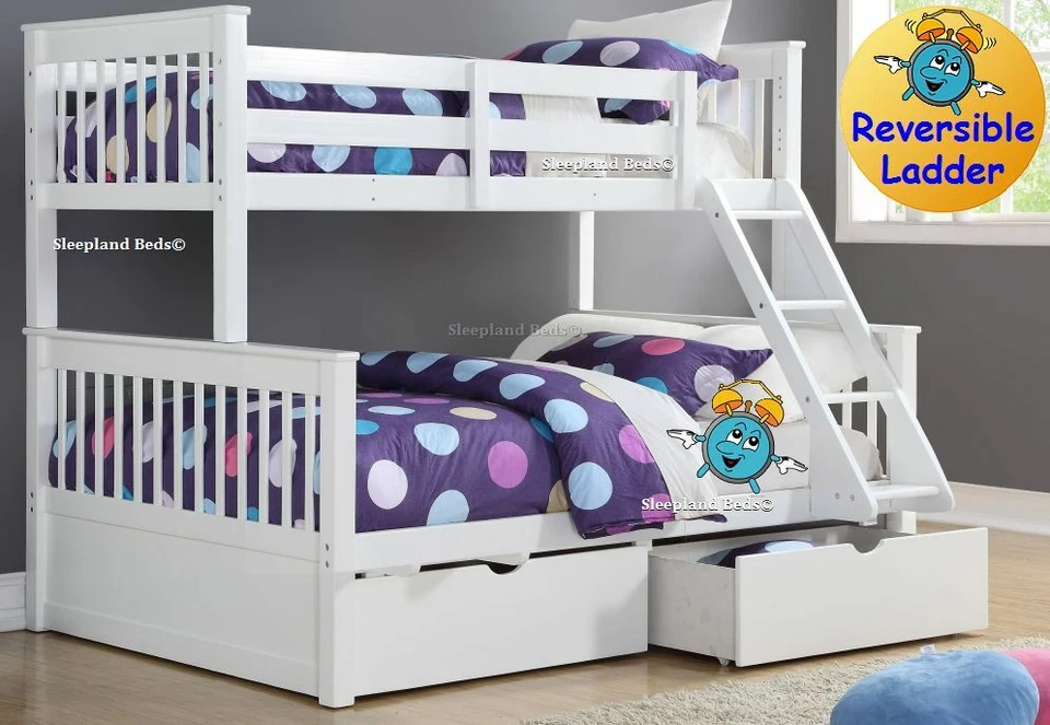 Wooden Triple Sleeper Bunk Bed And Drawers - Pine Double Bunks - Grey White Oak - Image 4 of 4