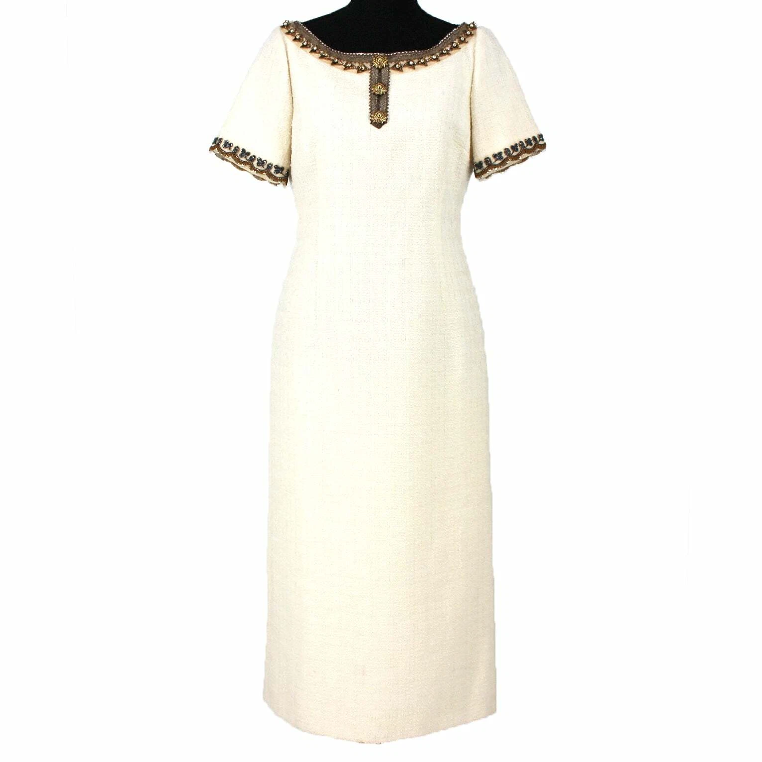 Robe boucle d'ivoire GUCCI laine or perle garniture or manches courtes 42 M NEUVE