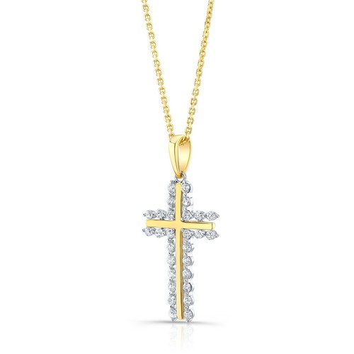 Diamond Cross Pendant Necklace 14K Two Tone Gold Yellow White 0.25CT Round Cut - Picture 2 of 3