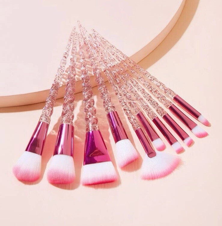 Makeup Brush Set 10pcs Unicorn Glitter Pink Spiral Brushes Face