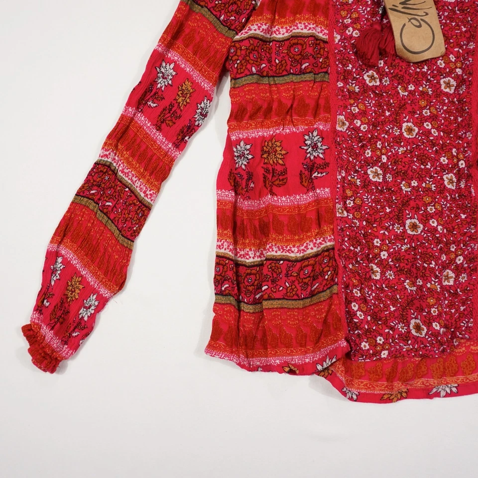 COLINE Damen Bluse Gr. M rot mehrfarbig Oberteil Rundhals Blumen Design Langarm - Bild 3 von 4