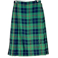 Vtg Pleated Wool Skirt Kilt Deans Of Scotland Green Plaid Wrap Waist 26"
