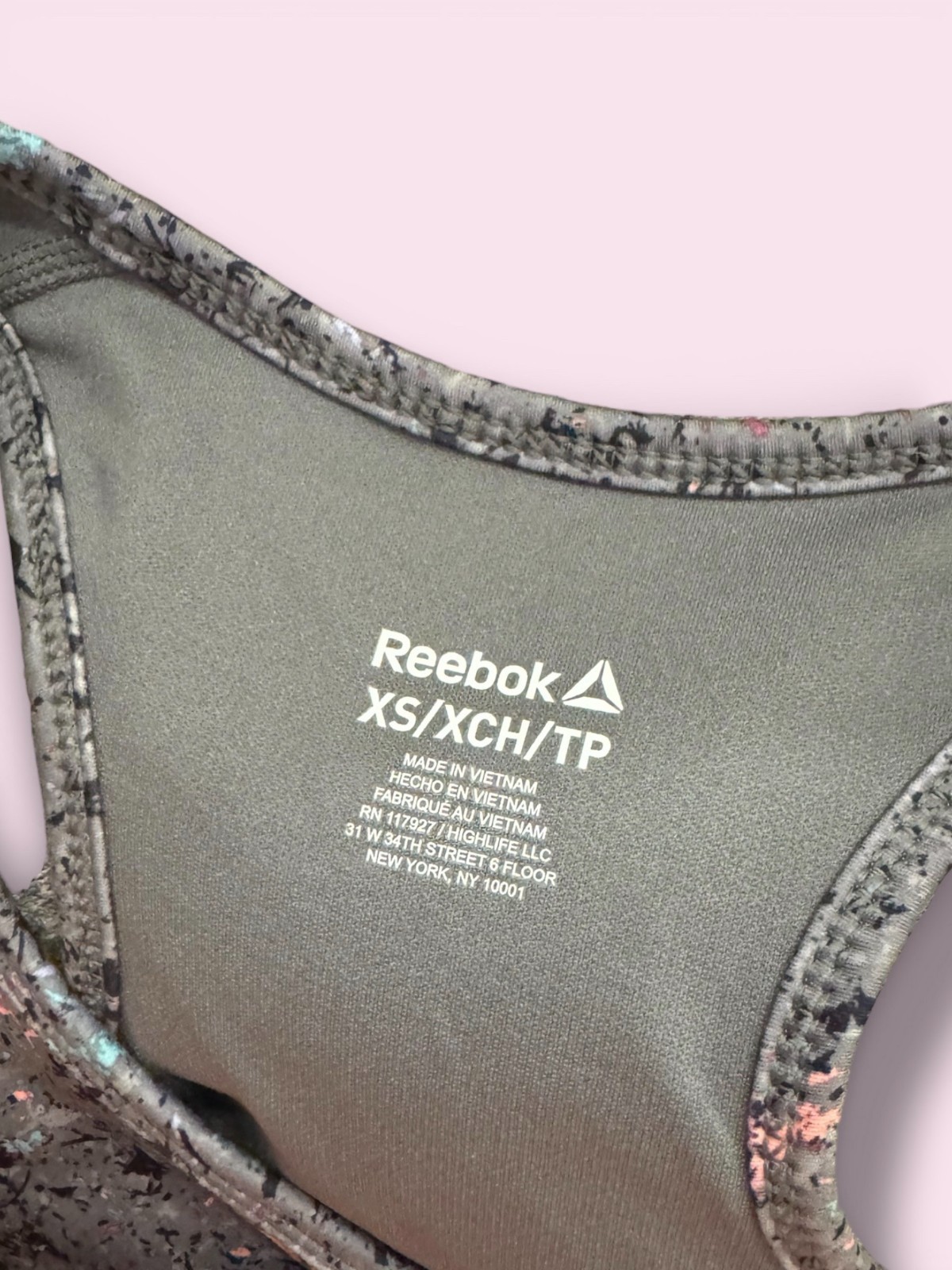 NWT Reebok Moisture Management Sports Bra XS Raceback Padded Gray Splatter thumbnail 4