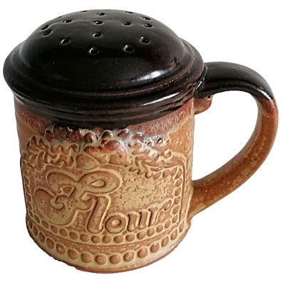 Mehlstreuer Topf Sieb Vintage Retro Steingut braun Glasur Bäcker Geburtstag Geschenk