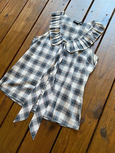 a.n.a women's size S cream blue plaid ruffle peterpan collar tie sleeveless top - Picture 6 of 15
