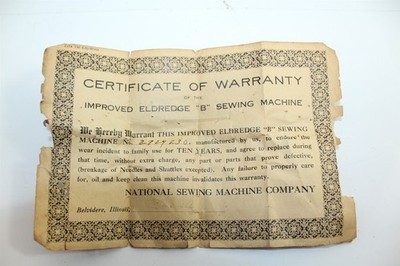 Antique 1922 National Sewing Machine Co. Improved Eldredge Warranty Paper