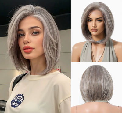#ad Medium Bob Gray Mix Mono Lace Front Cap Synthetic Hair Wigs Women Soft Natural $65.19