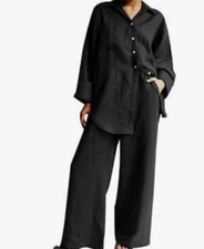 Vintage Go Silk Linen Black Wide Leg Pants Tunic Dress Button Up Set M Lagenlook