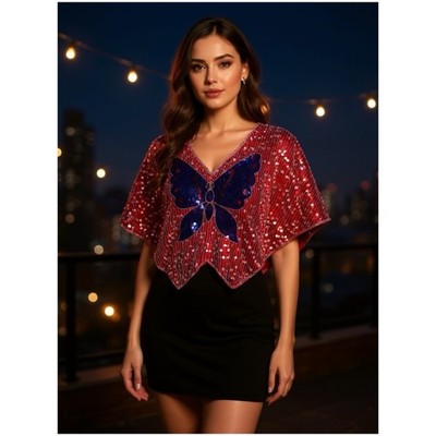 Vintage 70s Women s Sz S NWT Red Purple Sequin Butterfly Top Deadstock