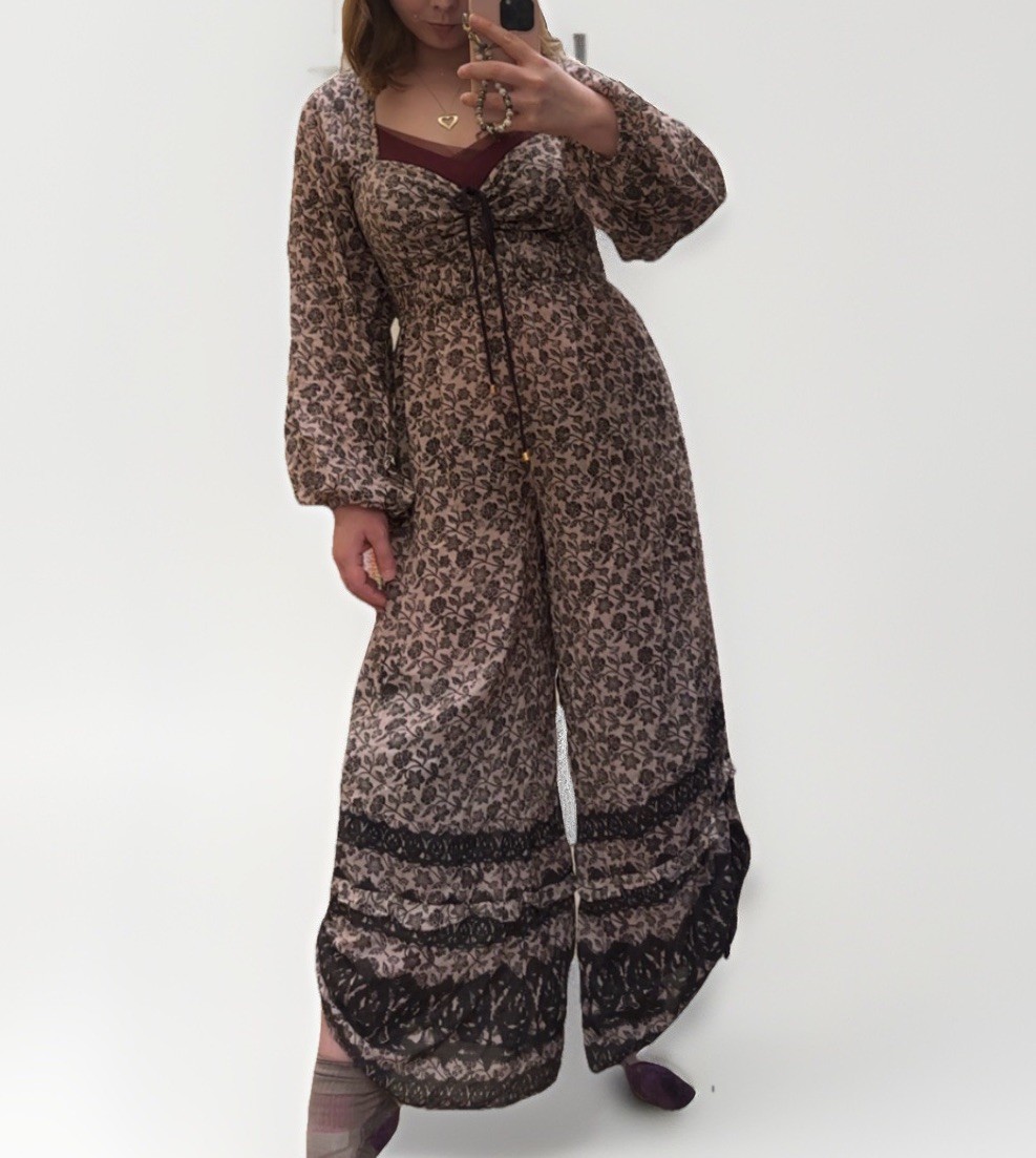 Free People Soulmate Balloon Leg Jumpsuit Long Sleeve Boho Neutral Floral  Sz M