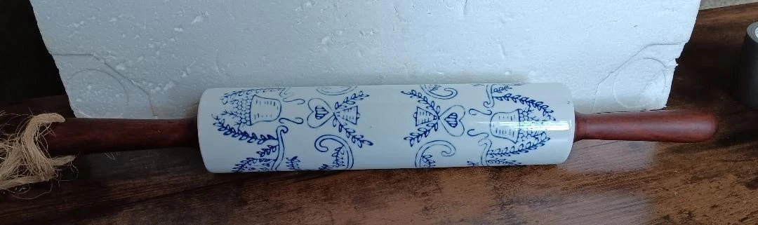 Rolling Pin Blue White Glass Wooden Handles Home Office Gift