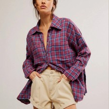We the Free People Cardiff Plaid Button Down Top in Purple Motif  Size M