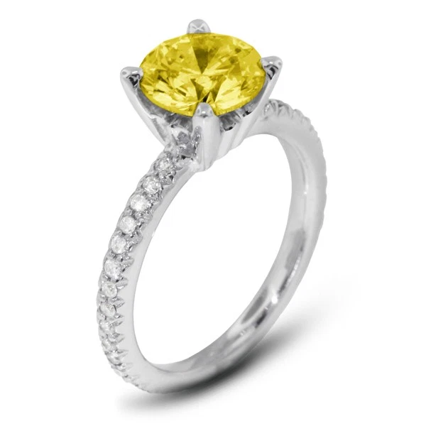 Anillo clásico de diamantes laterales con certificado natural corte redondo VS2 amarillo de 1 quilate Foto 3 de 4