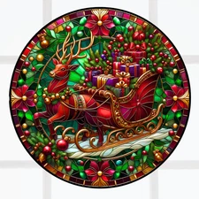 Reindeer & Santa's Sleigh Christmas WINDOW CLING Size 8" Round Vinyl