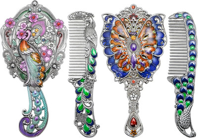 4 Piece Vintage Mirror Comb Set, Metal Antique Handheld Mirror with Comb, Decora