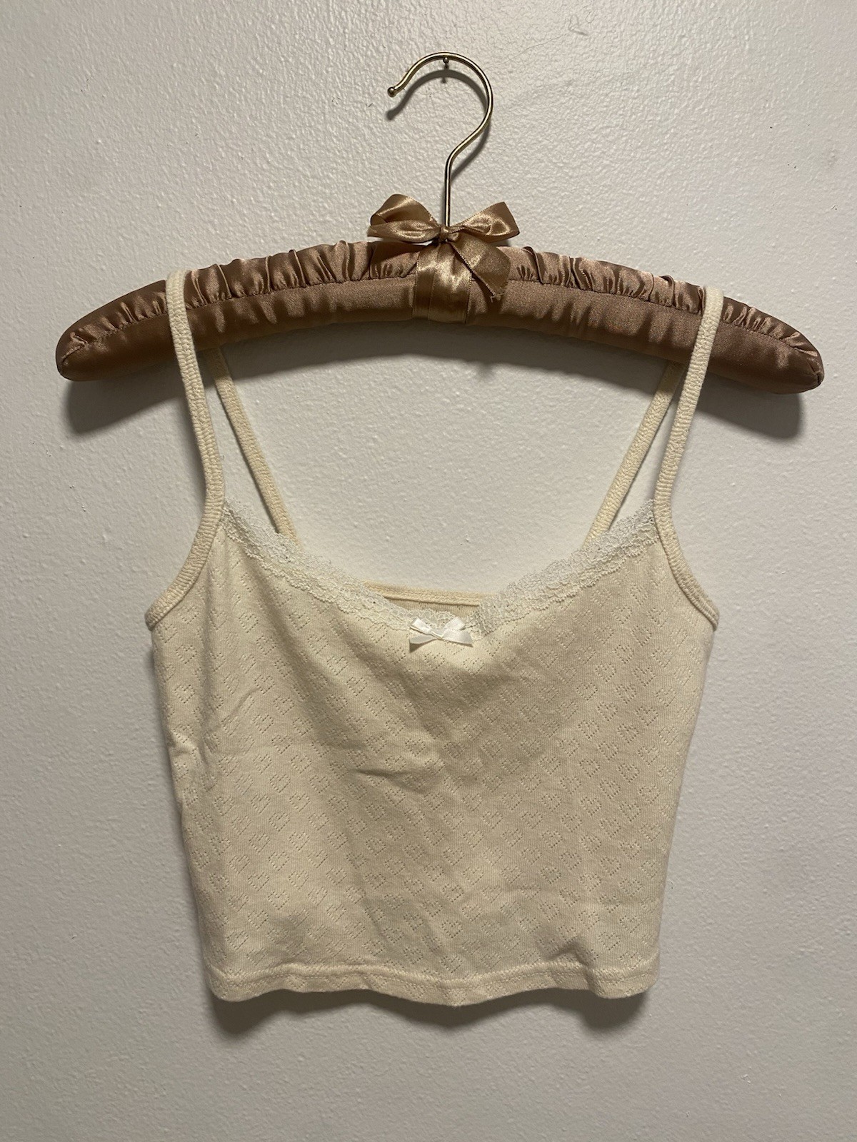 Brandy Melville Ivory Cotton Knit Heart Lace Bow Camisole Tank Top Size S