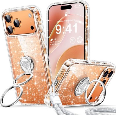 iPhone 17 Pro Case Glitter, Cute Clear Bling Sparkly Cover with Heart Stand & St