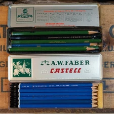 Lot Of 33 Vtg Drawing/Drafting Pencils, AW Faber Castell With 2 Tins, Staedtler