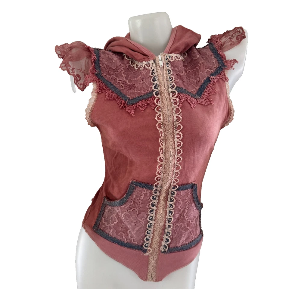 Y2K De Colección CIGANA Reciclado Encaje CORSET SUDADERA CON CAPUCHA Top ÚNICA EN SU CLASE Regencia Sudadera Tanque S Foto 2 de 4